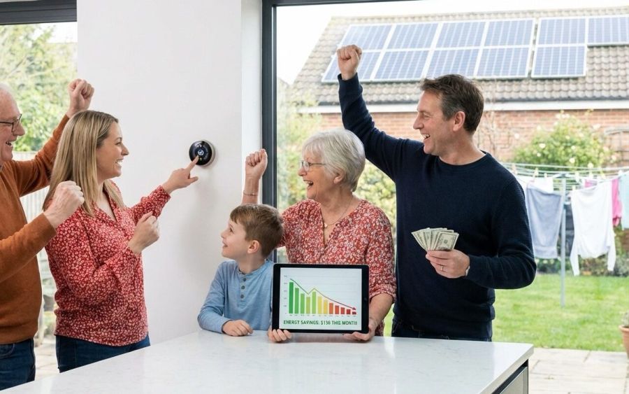 create an images that shows people saving money on energy bills